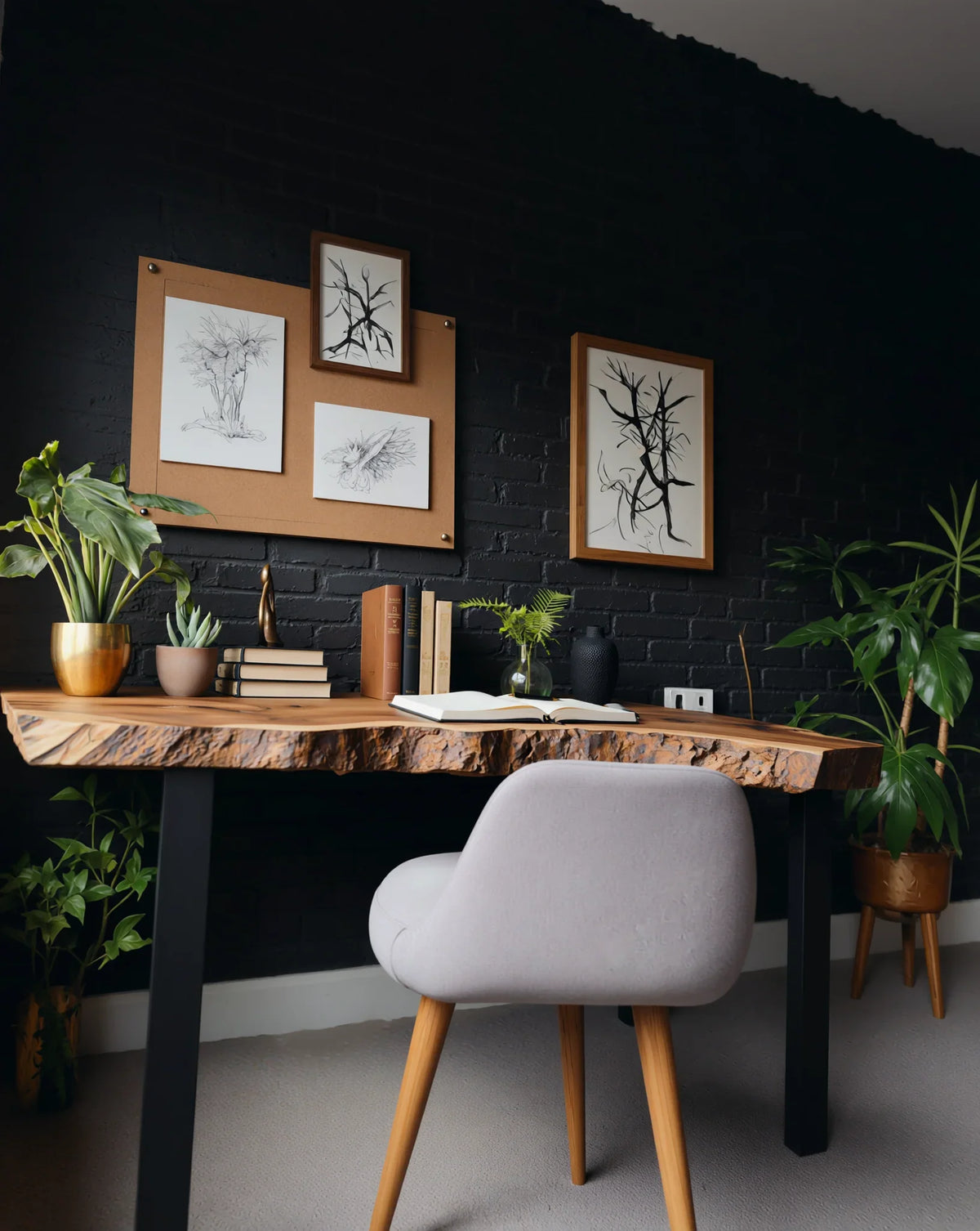 Live edge wood desk with gray chair, plants, books, and art prints on a black brick wall