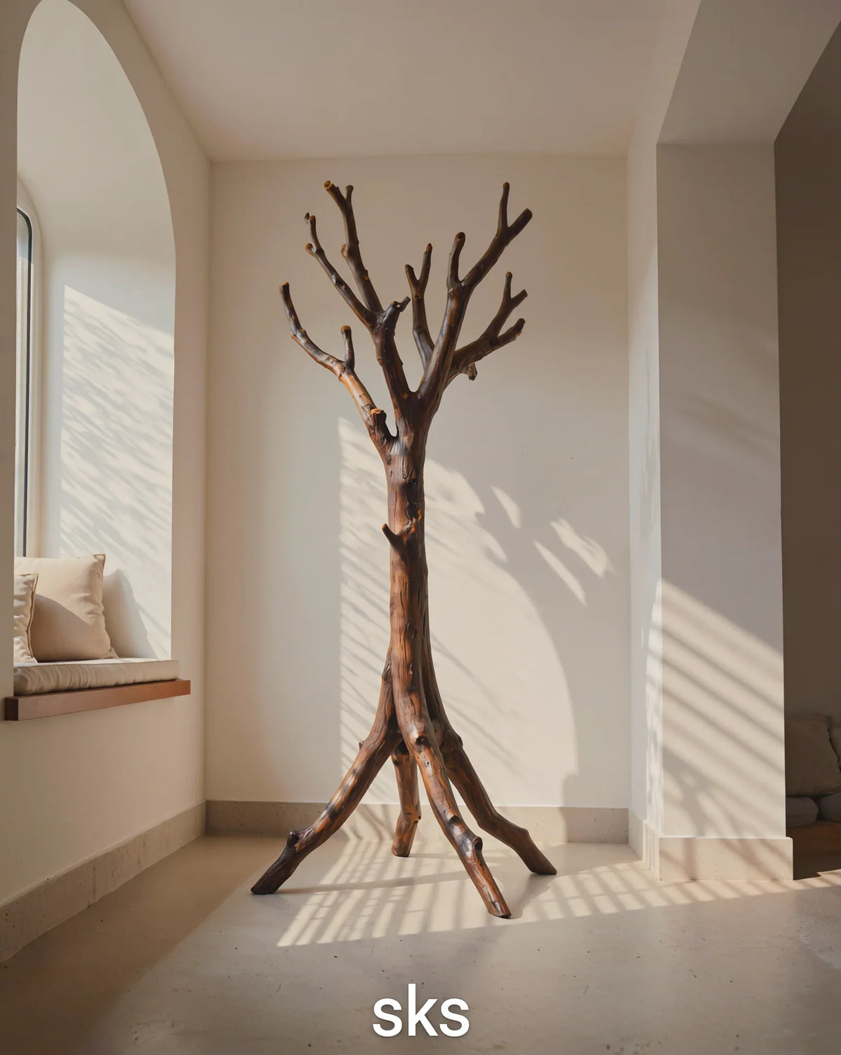 Solid wood tree bookshelf with natural branches in sunlit modern living room corner
