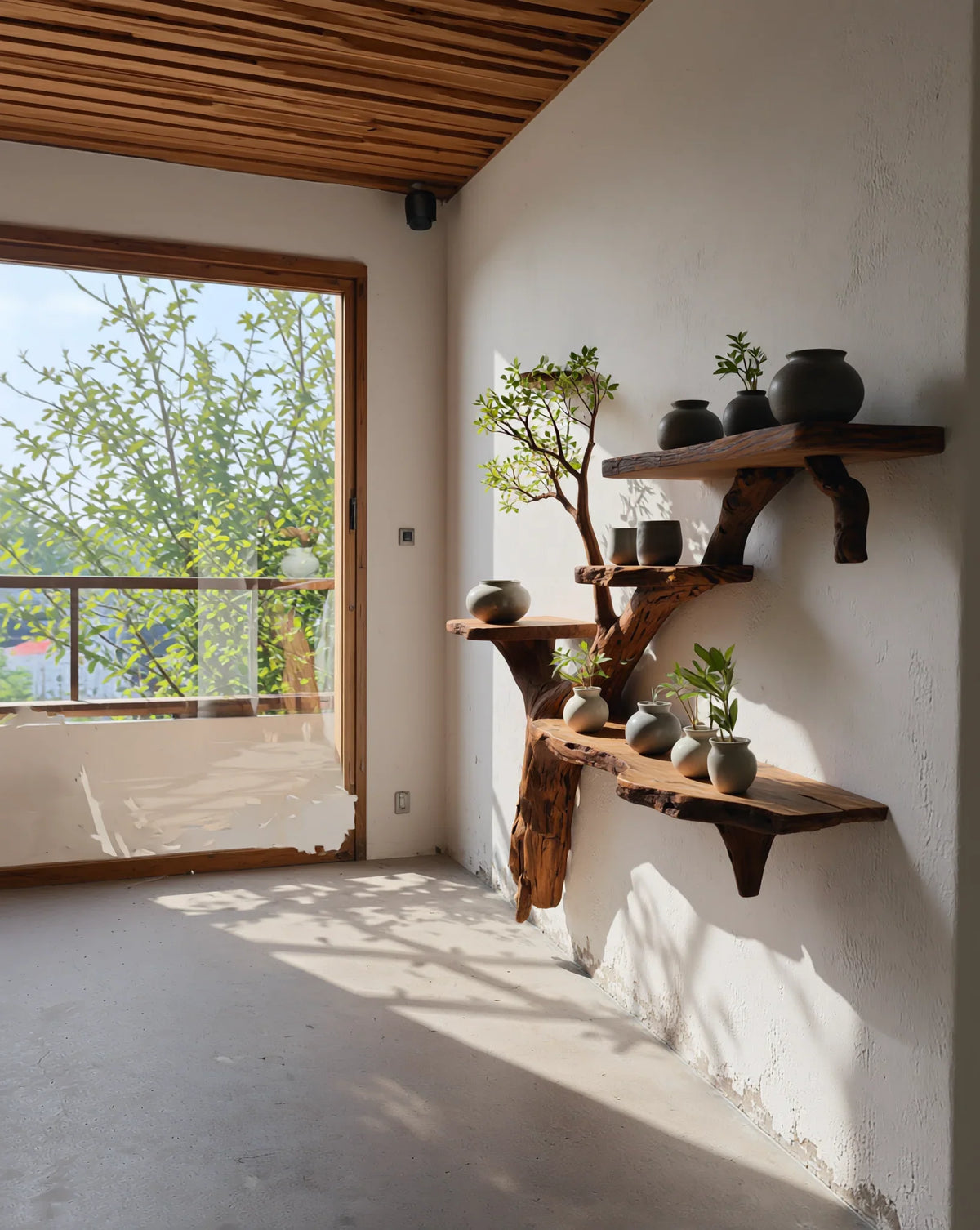 Live edge floating wood shelves with ceramic vases and plants in a bright modern room