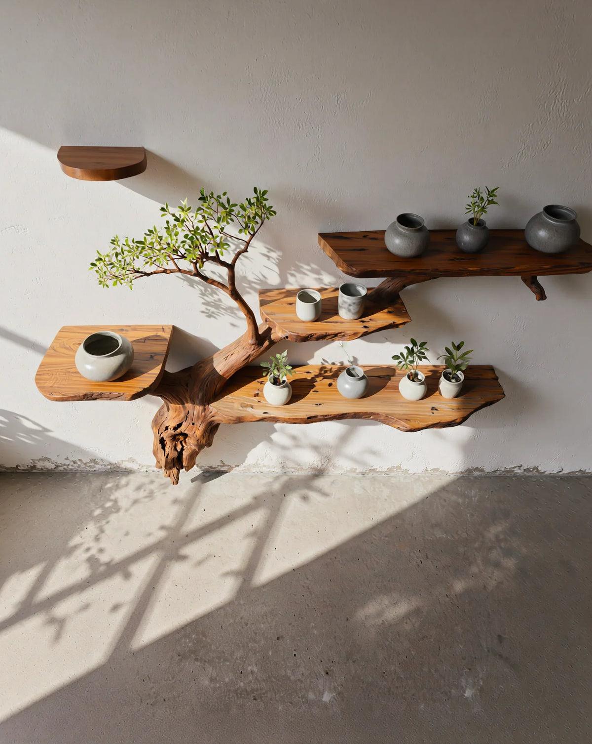 Live edge wood tree bookshelf with ceramic vases and small plants on white wall