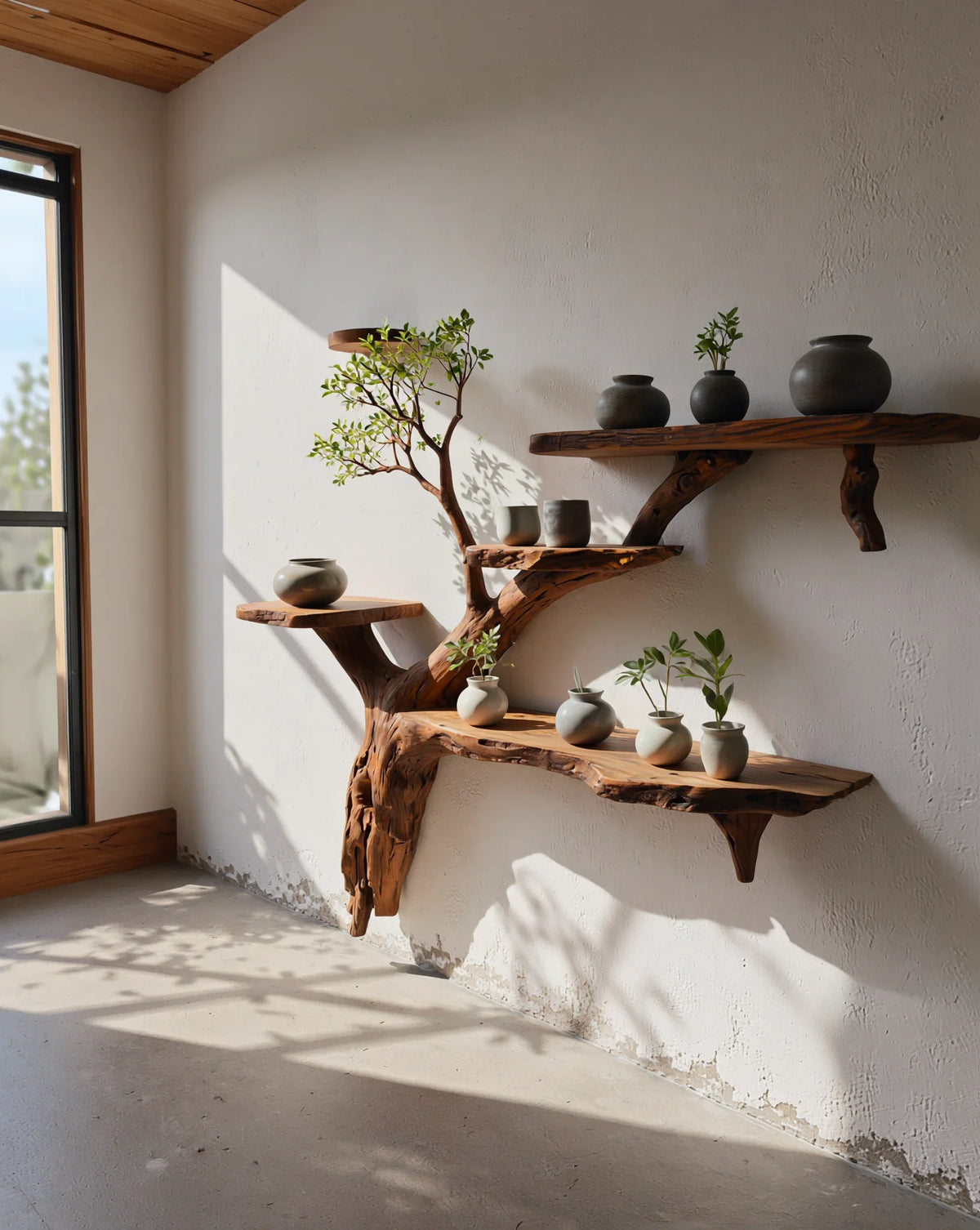 Live edge tree bookshelf with ceramic pots and plants, sunlight on textured wall