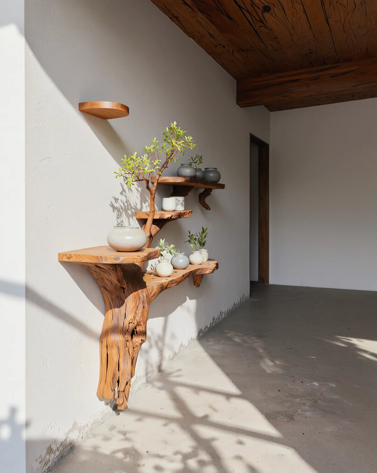 Live edge solid wood floating shelves with ceramic pots and plants in a minimalist hallway
