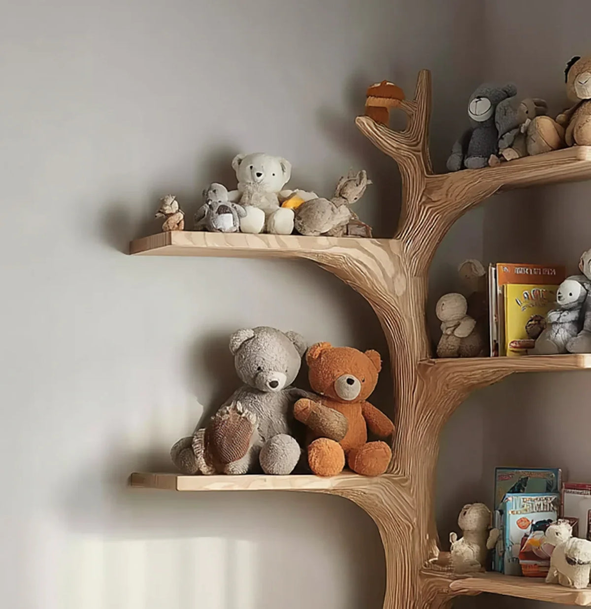Solid wood tree bookshelf with plush toys and children's books on display shelves