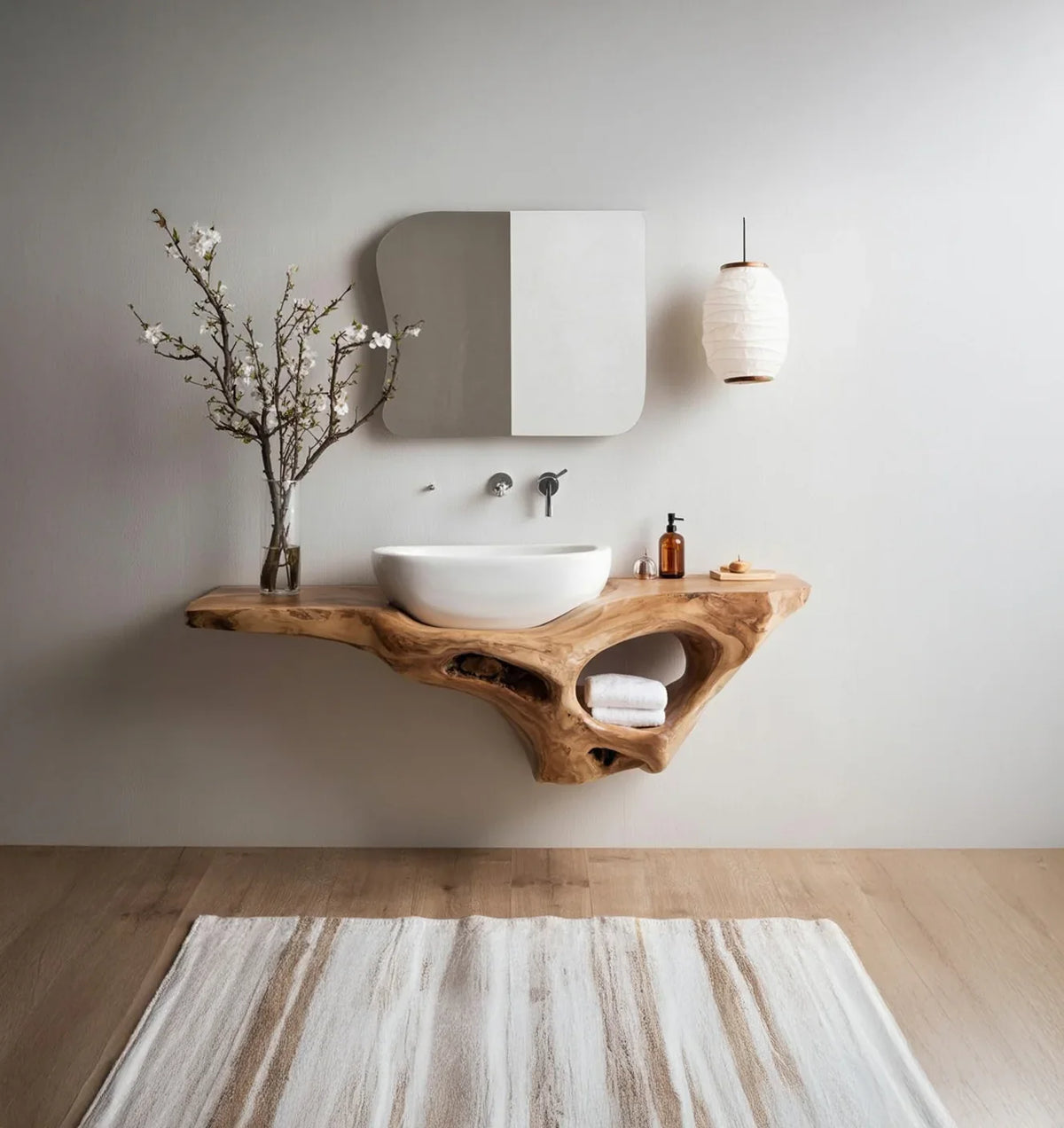 Modern bathroom with live edge solid wood floating vanity, vessel sink, and minimalist decor.