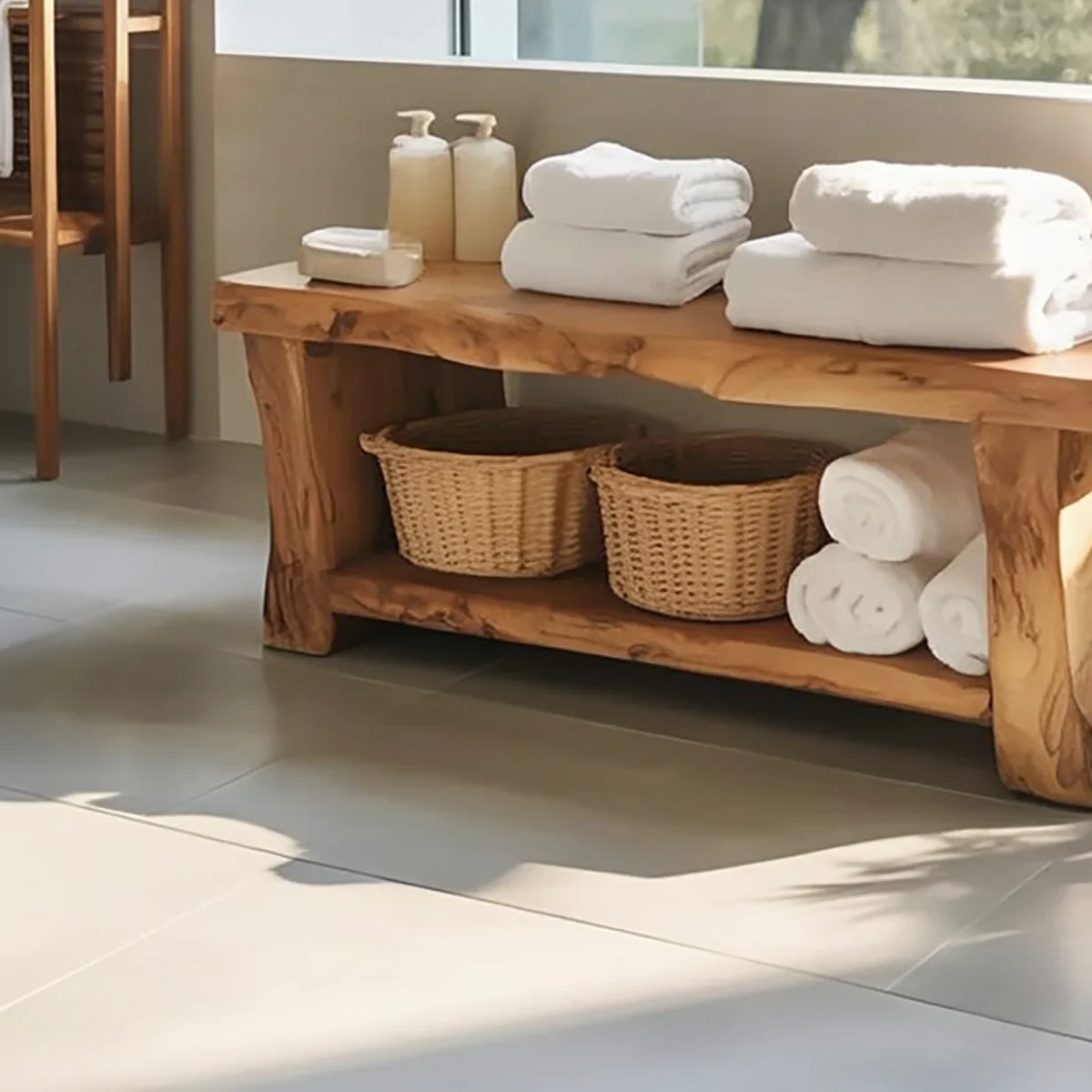 Live edge solid wood bench in a bathroom, with towels and baskets for storage, near large window