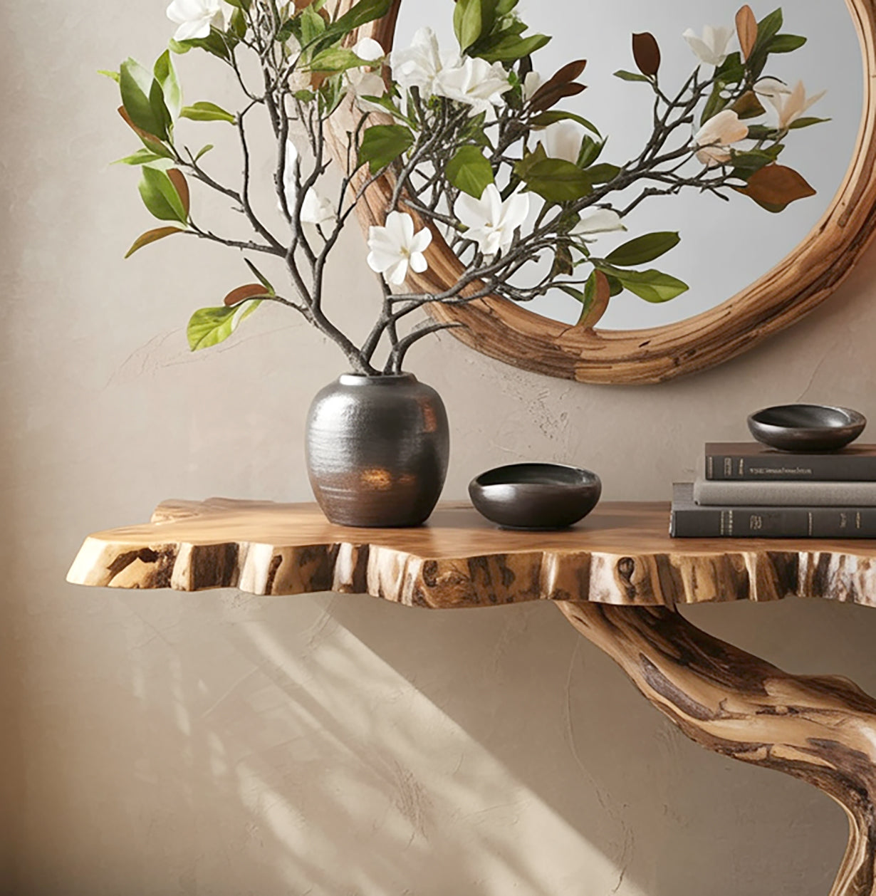 Live edge wood console table with branch vase, white flowers, stacked books, and round wooden mirror