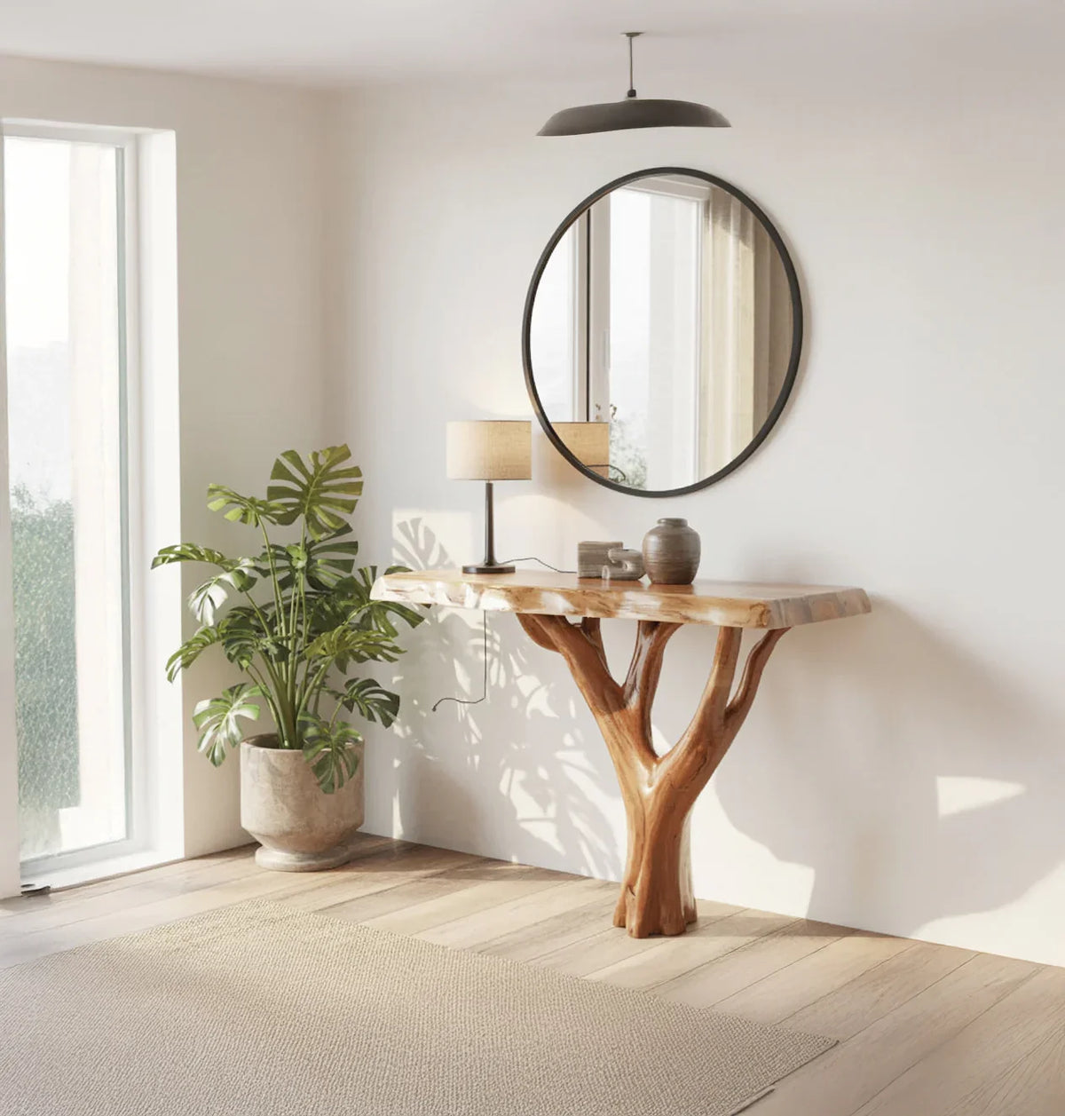 Solid wood live edge console table with tree branch base, round mirror, and potted plant in a modern entryway