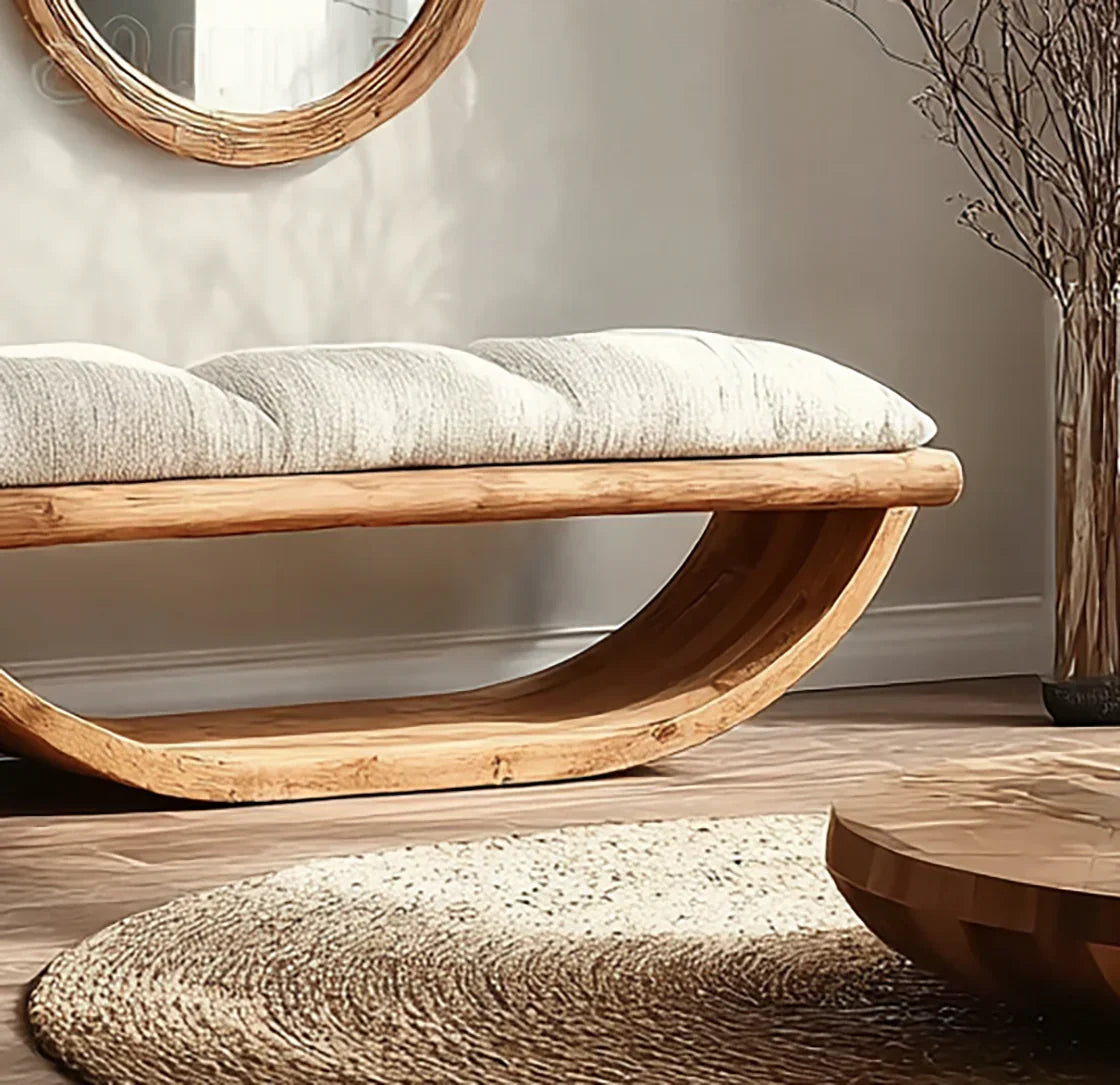 Modern solid wood bench with cushioned seat in a cozy living room, sustainable furniture decor