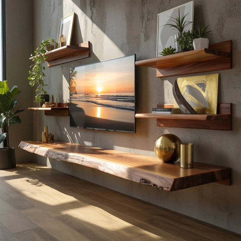 Modern living room with live edge solid wood floating shelves and TV on textured wall