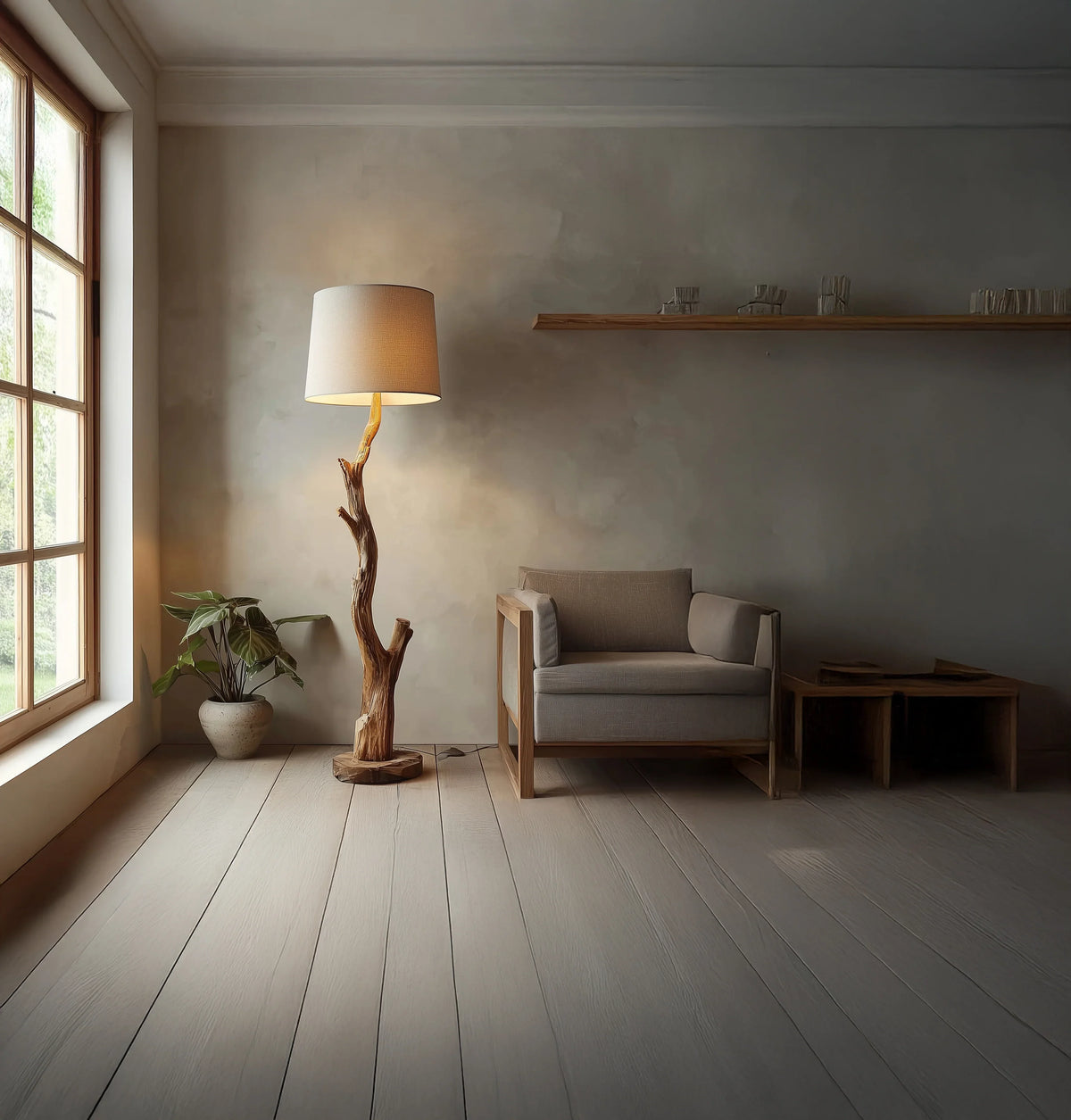 Minimalist living room with live edge wooden floor lamp, modern armchair and floating shelf
