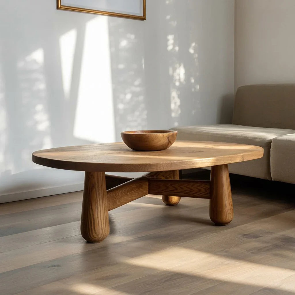 Solid wood coffee table with rounded legs and wood bowl in modern living room