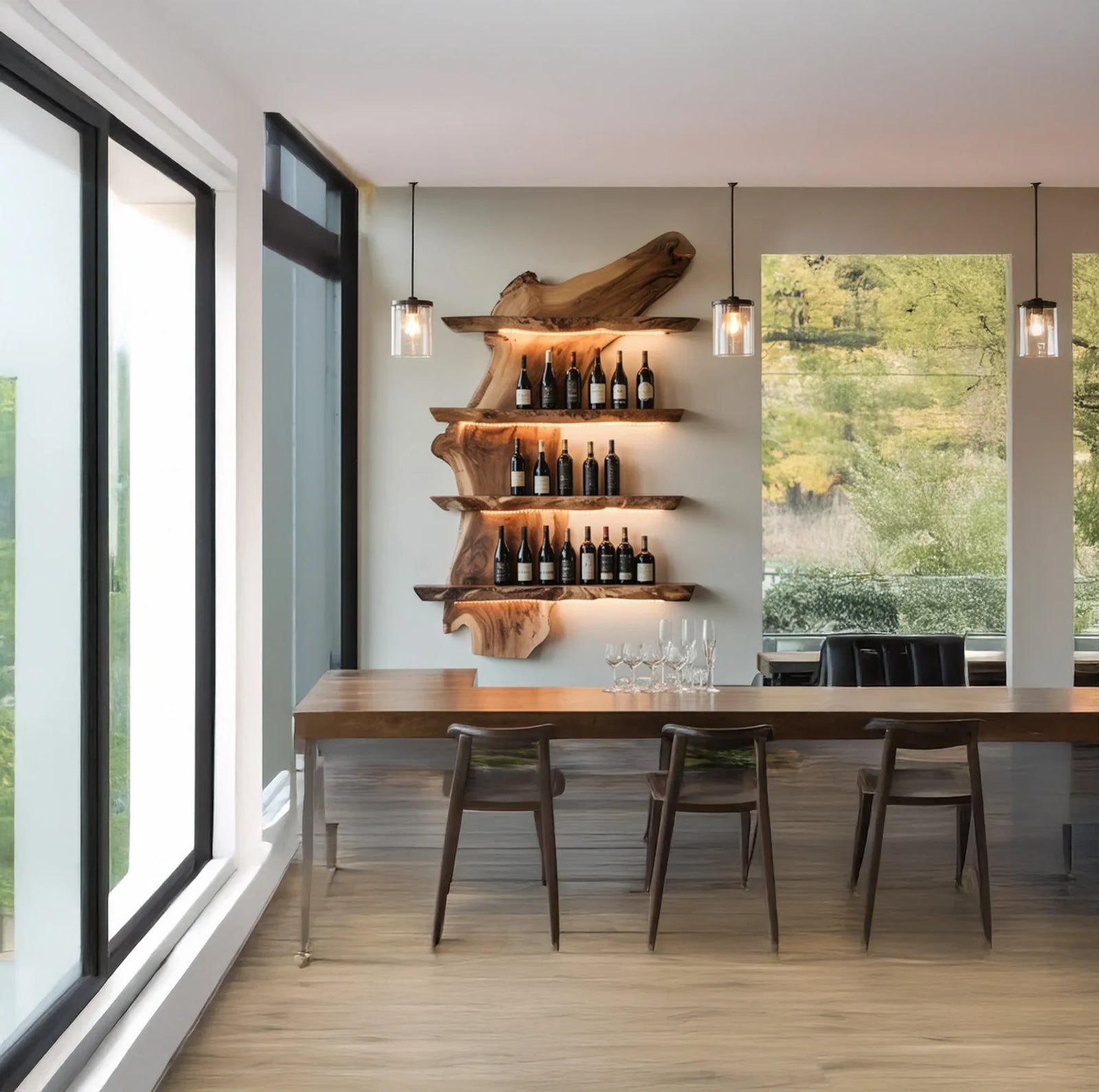 Live edge wood floating shelves with wine bottles in a modern dining room