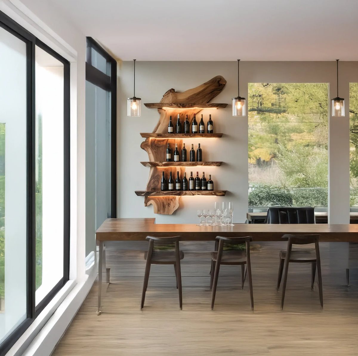Live edge wood floating shelves with wine bottles in a modern dining room