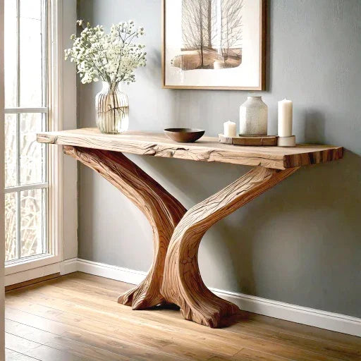 Live edge solid wood console table with tree-branch base in modern living room