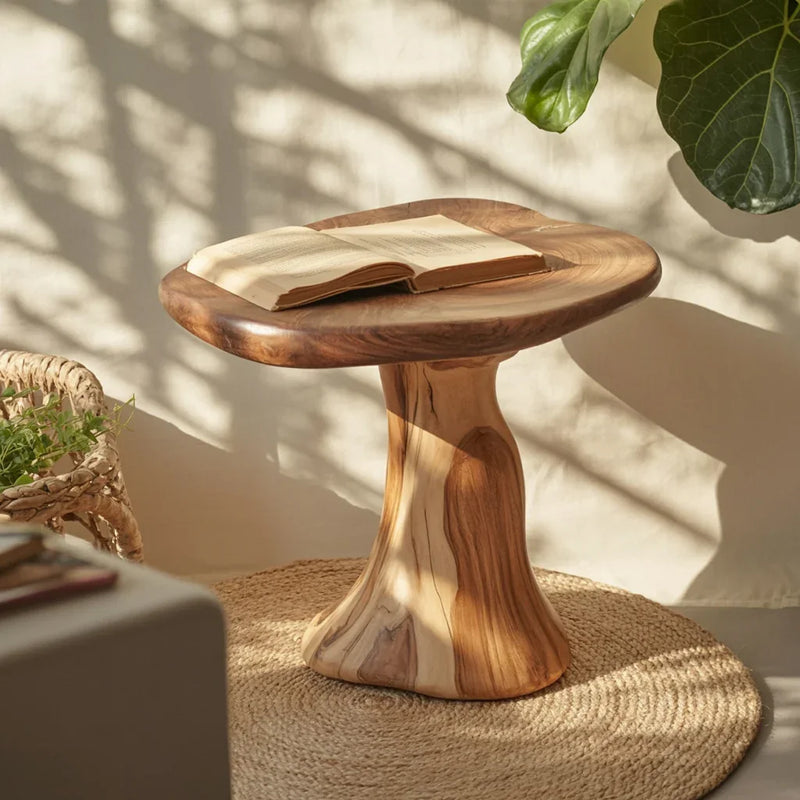 Natural wood sculptural side table with open book, woven rug, wicker basket, and green leaves in sunlight