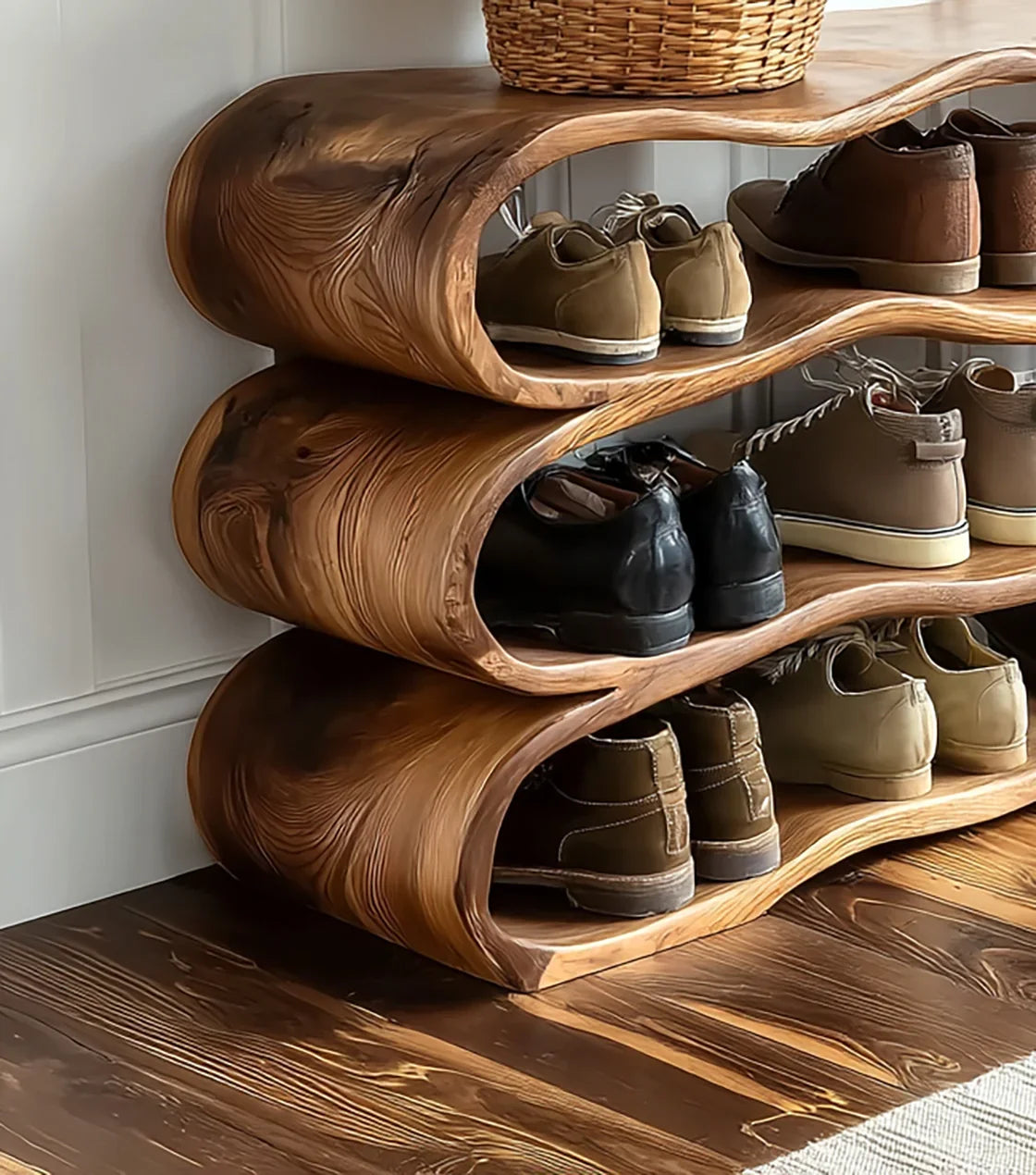 Modern carved wooden shoe rack with three shelves holding various casual shoes on wooden floor