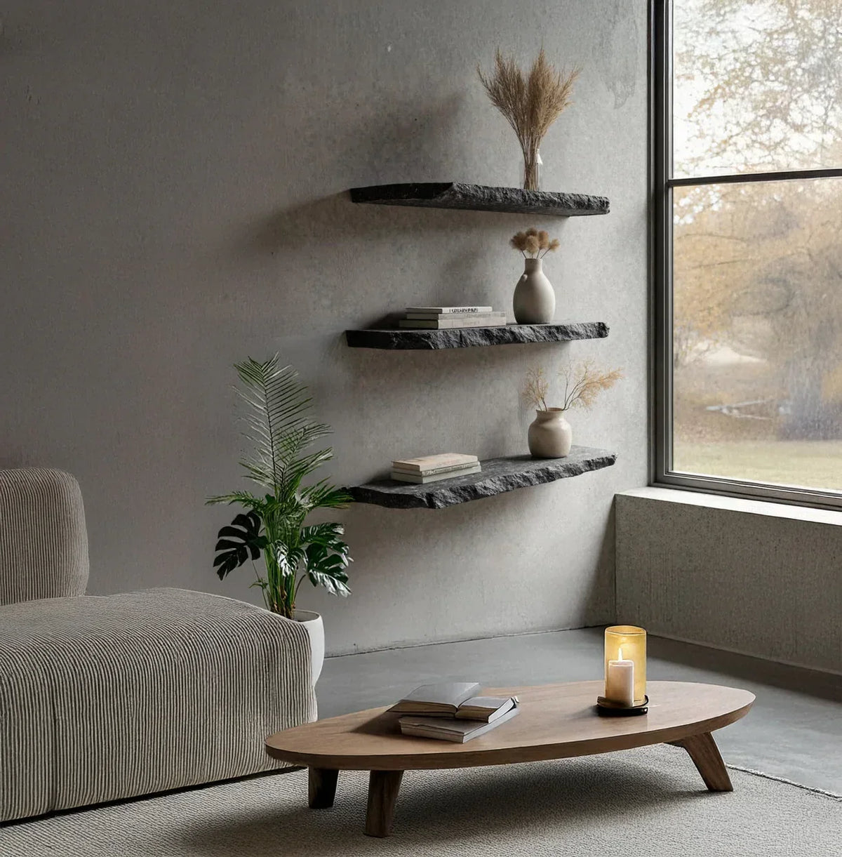 Modern living room with live edge floating shelves, wooden coffee table, and neutral decor