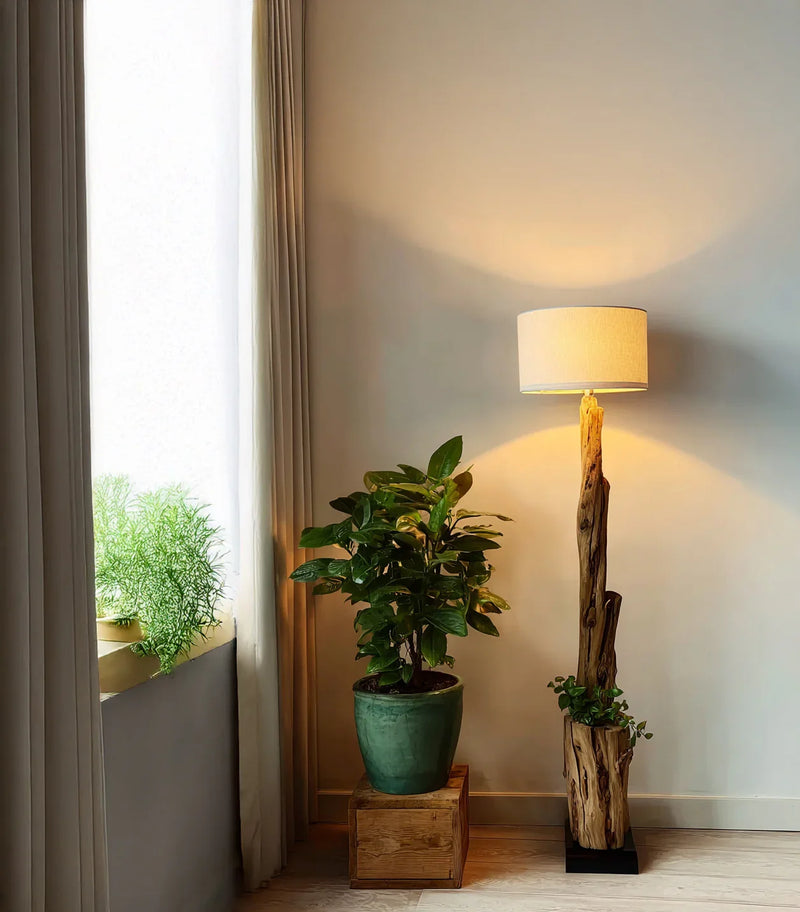Sustainably crafted driftwood floor lamp beside a potted plant in a modern living room