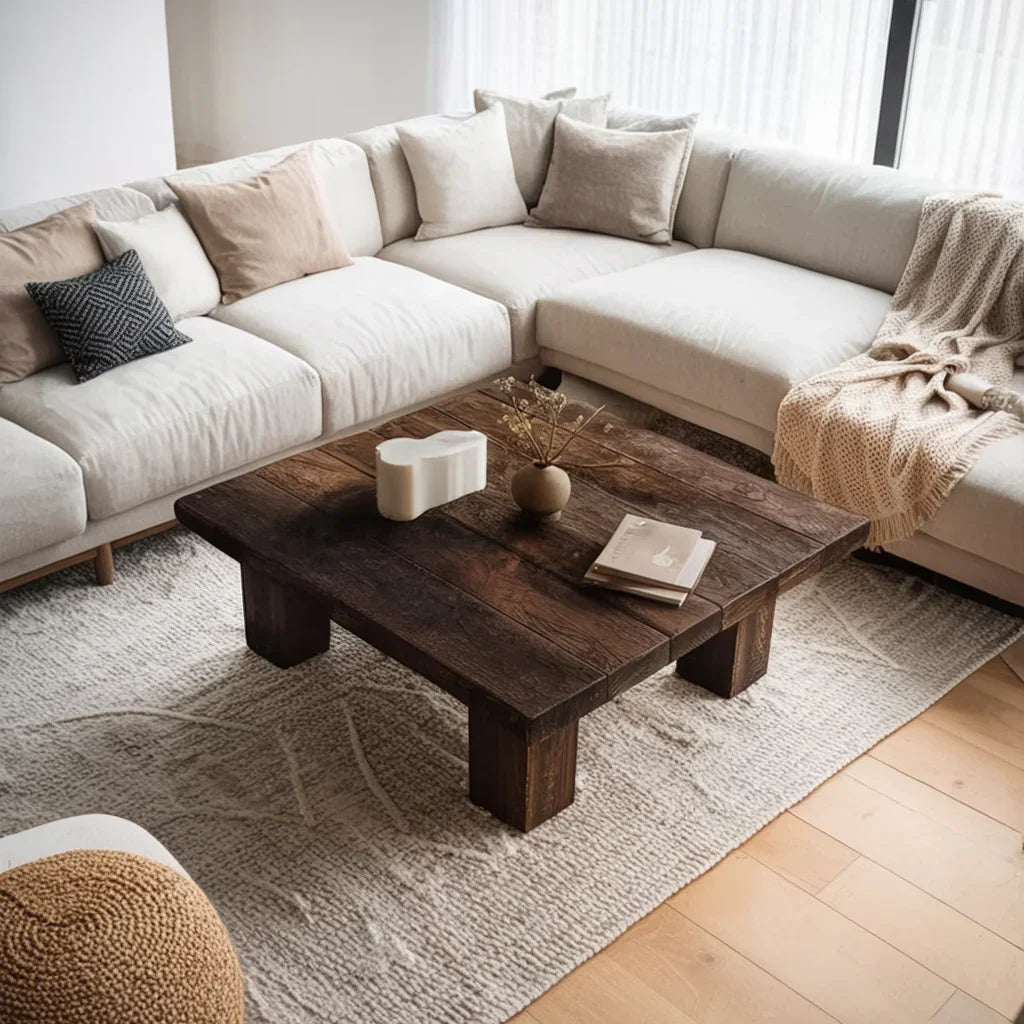 Solid wood coffee table in modern living room with beige sectional sofa and neutral decor