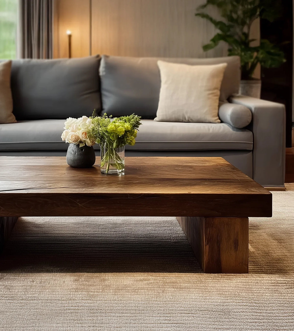 Solid wood live edge coffee table with fresh flowers in front of gray sofa in cozy living room