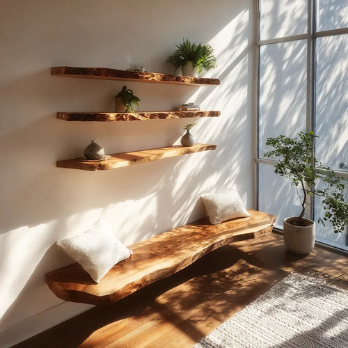 Handcrafted Live Edge Floating Shelf – Carved Wavy Wood Wall Shelf