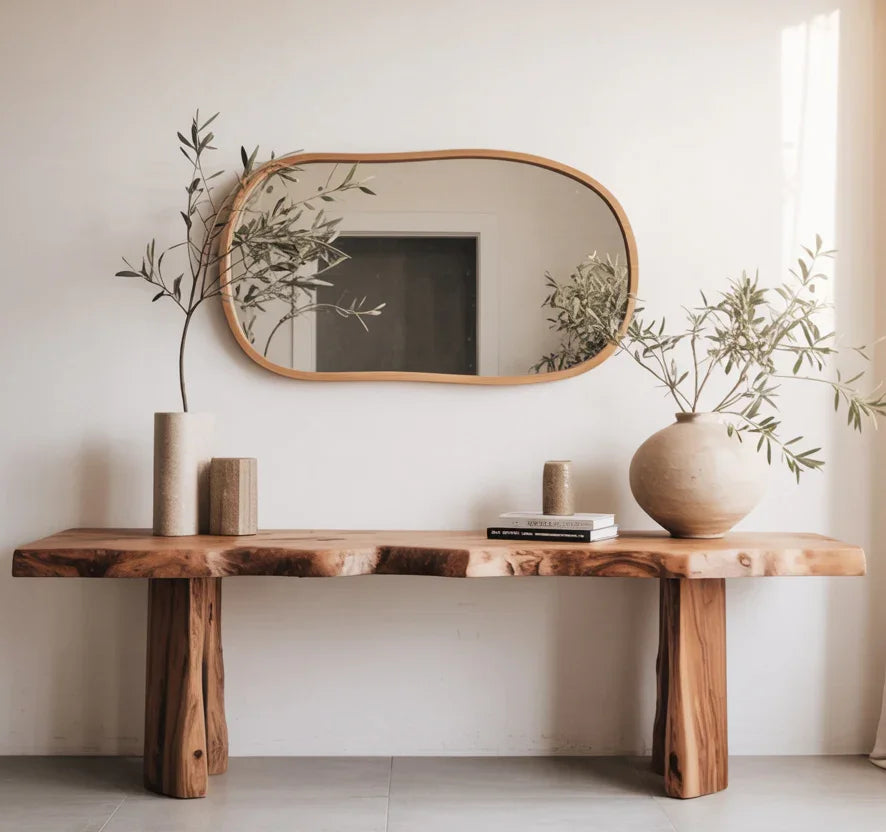 Live edge solid wood console table with ceramic vases and plants in a minimalist room