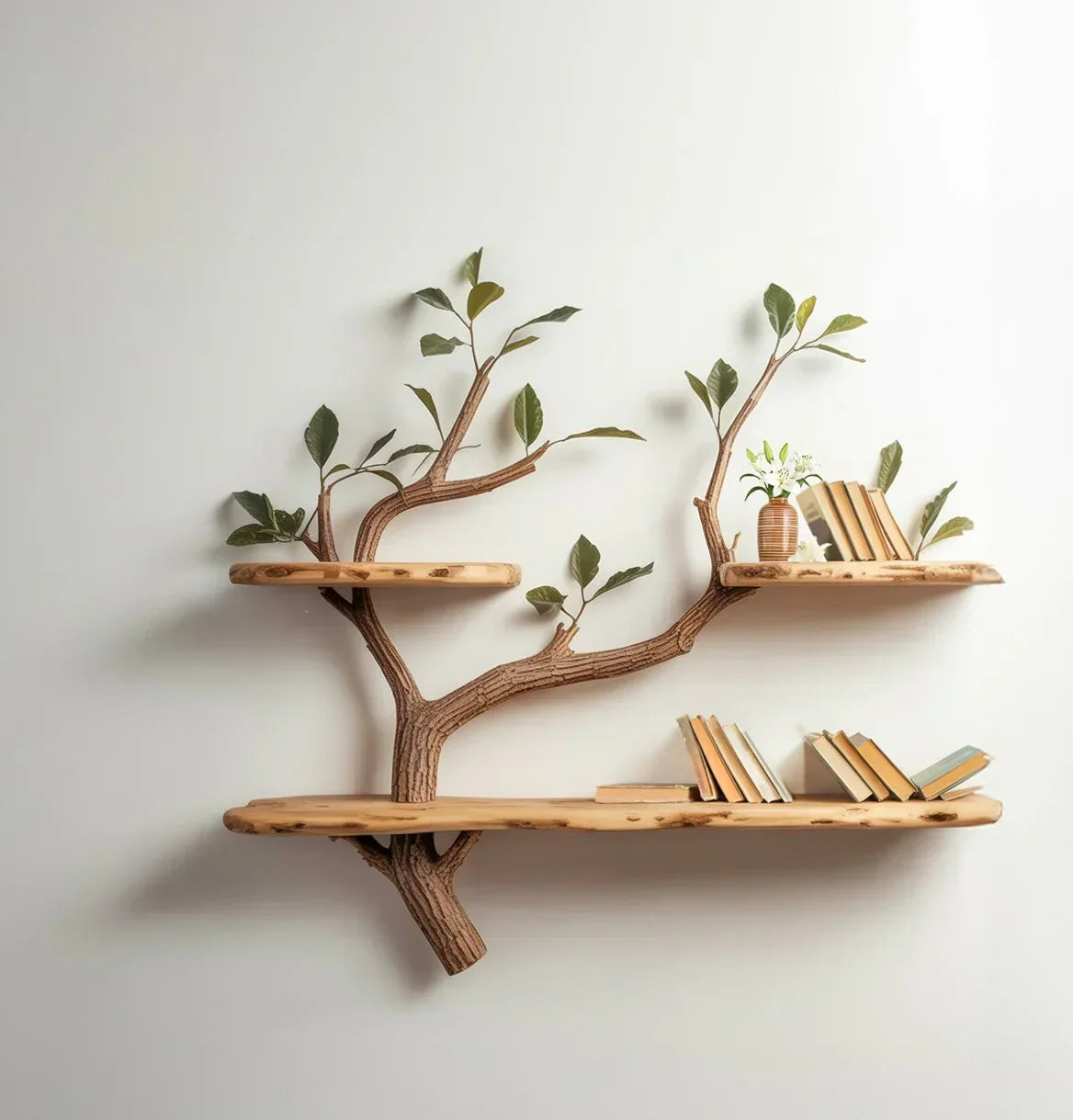 Tree-shaped bookshelf with live edge wooden shelves, books, and potted plant on white wall