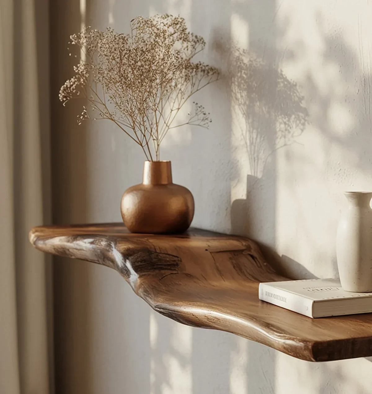 Live edge solid wood floating shelf with ceramic vases and book in natural light