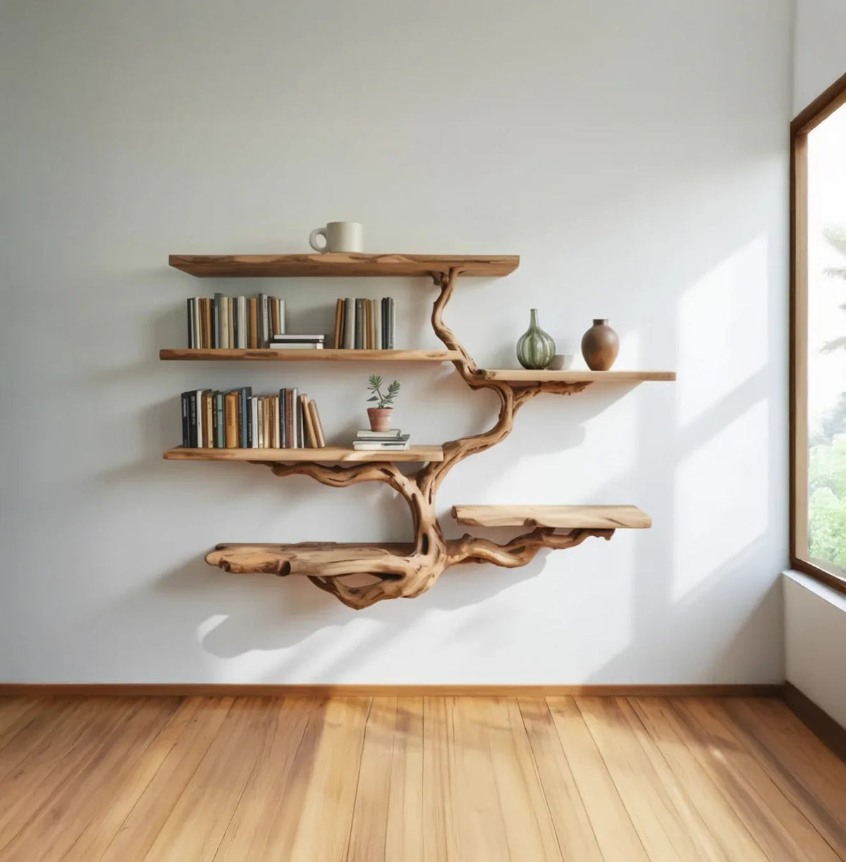 Live edge solid wood tree bookshelf with books and decor on a white wall in a sunlit room