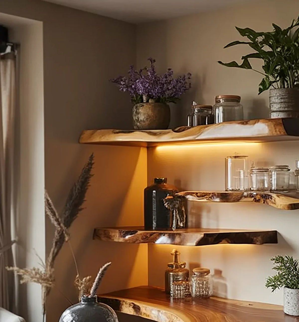 Live edge floating wood shelves with plants, glass jars, and warm ambient lighting