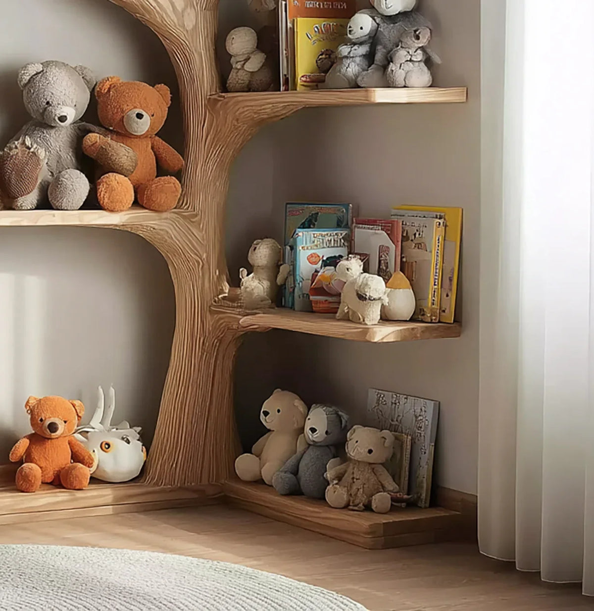 Solid wood tree-shaped bookshelf with plush toys and children's books in a cozy room corner