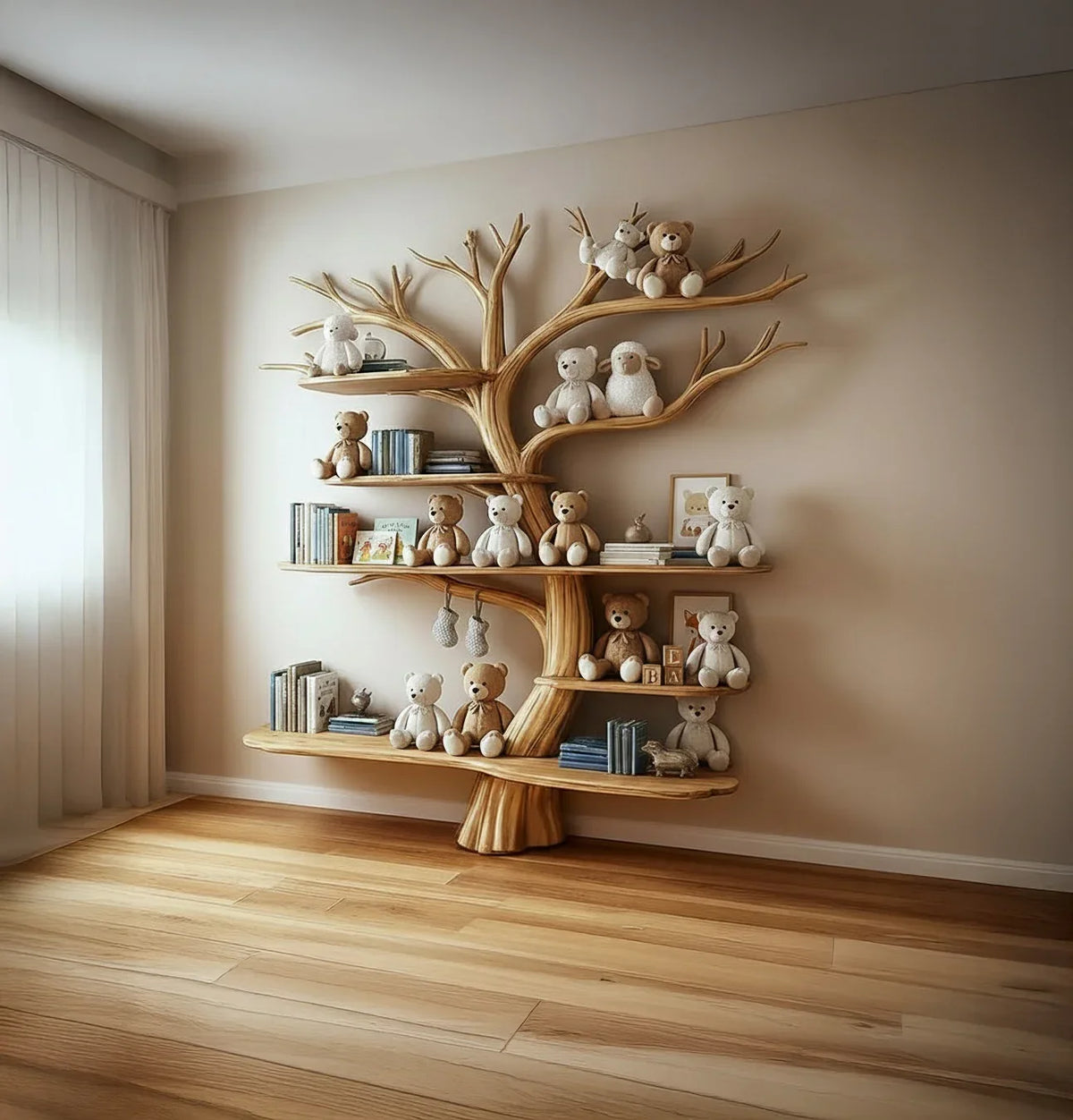Wooden tree bookshelf with plush teddy bears and books in a cozy, modern kids room