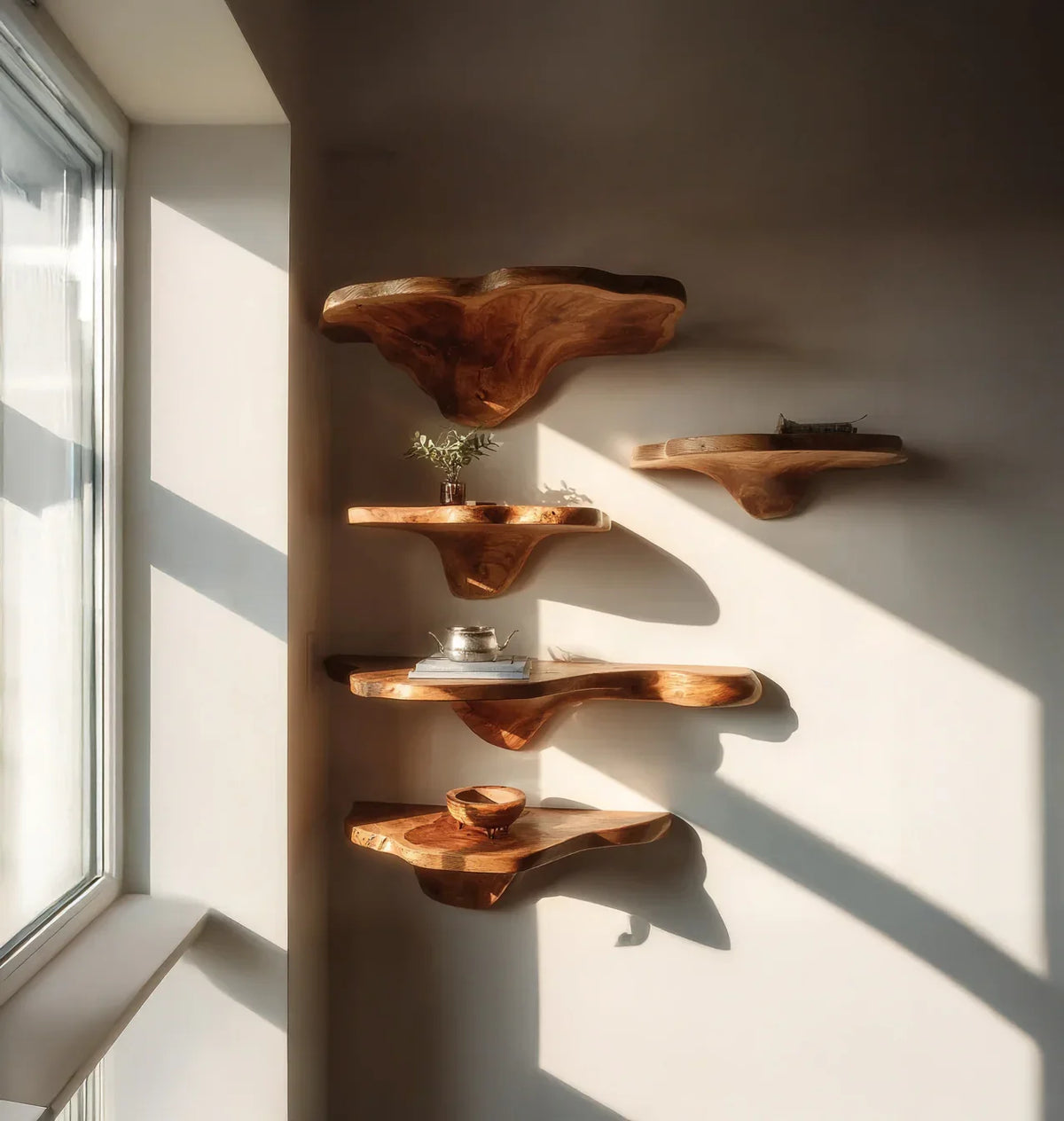 Live edge solid wood floating shelves on wall in sunlit modern interior