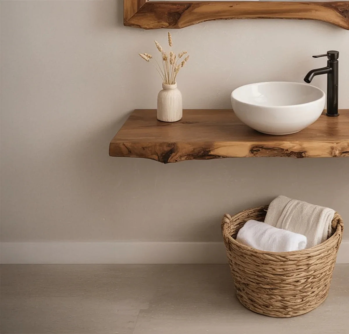 Live edge floating wood vanity with vessel sink, minimalist decor, and basket with towels