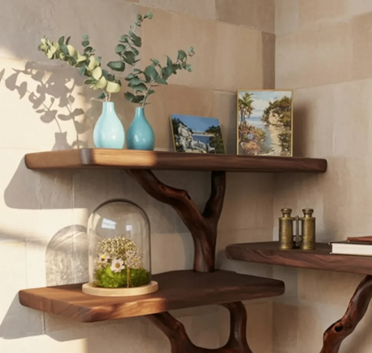 Solid wood floating shelves with live edge design, holding vases, framed art, and decor.