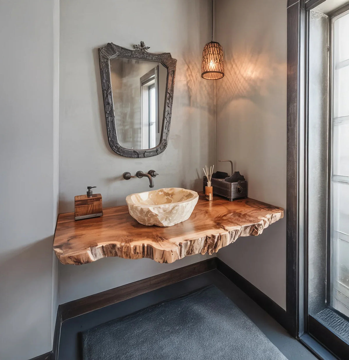 Live edge solid wood floating vanity with stone vessel sink in modern bathroom