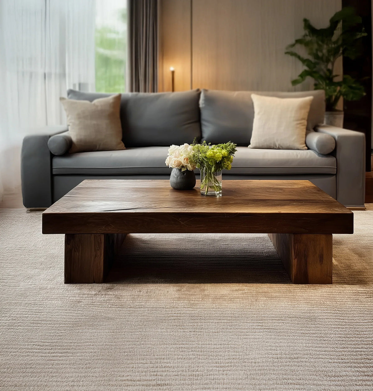 Solid wood live edge coffee table with floral decor in a modern living room