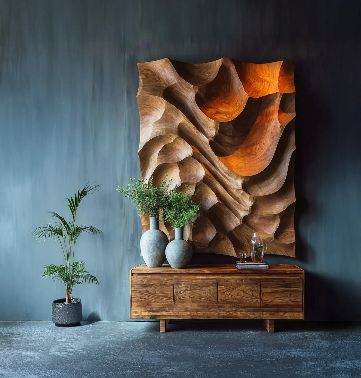Modern living room with wooden sideboard, abstract wood wall art, potted plant, and pottery vases