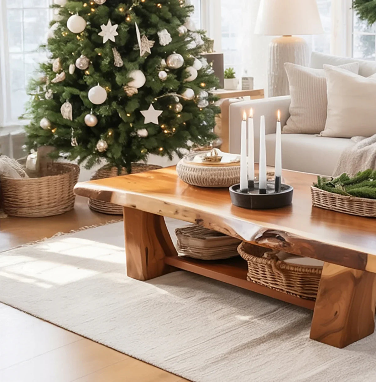 Cozy living room with wooden coffee table, lit candles, Christmas tree with silver ornaments, and beige sofa