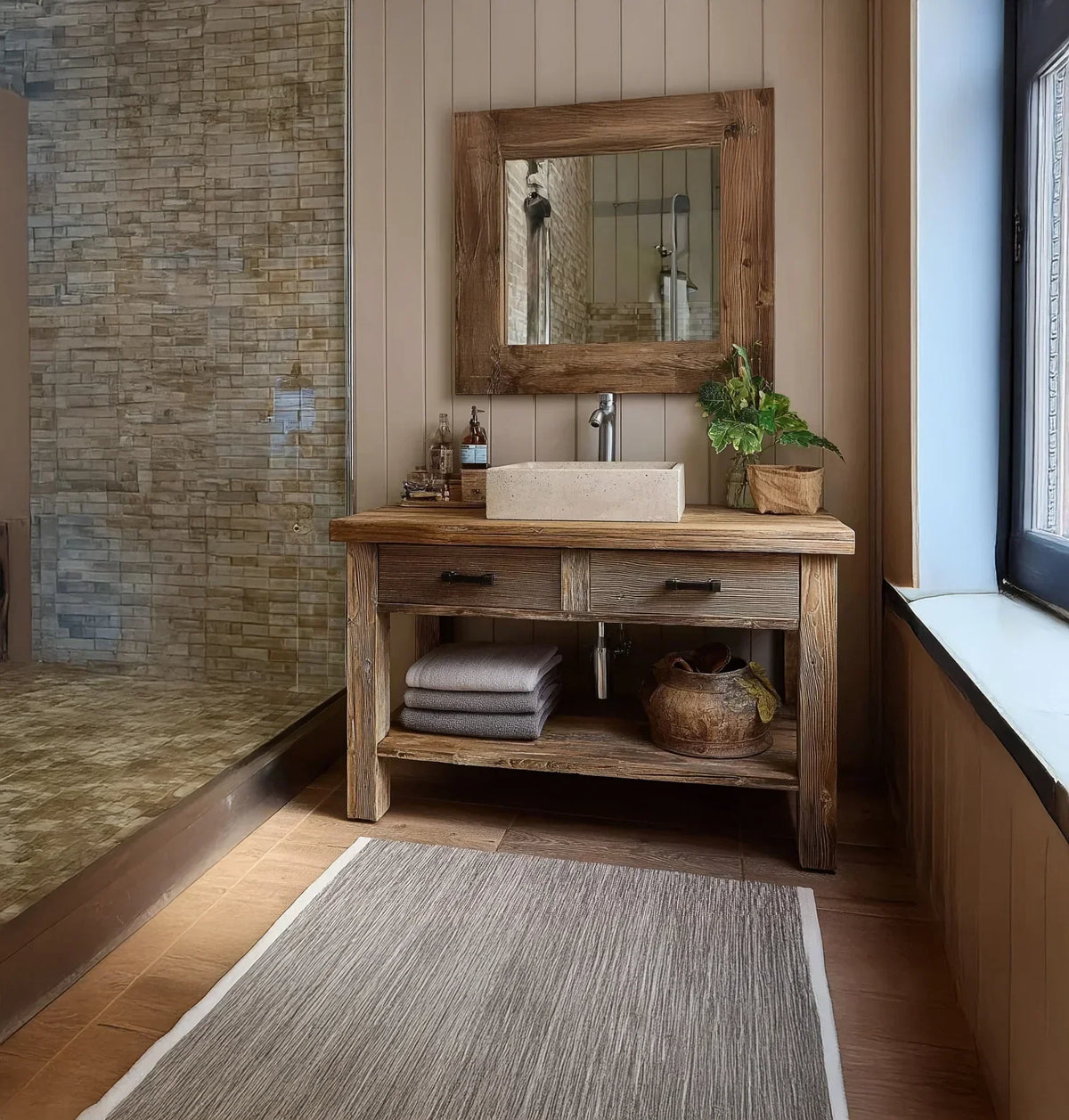 Rustic solid wood bathroom vanity with stone sink, mirror, and eco-friendly decor