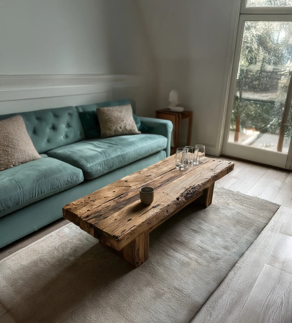 Rustic wooden coffee table with glassware in a cozy living room with blue sofa and beige cushions
