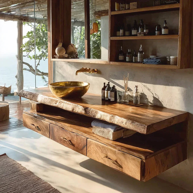 Rustic wooden bathroom vanity with brass vessel sink, natural light, and ocean view