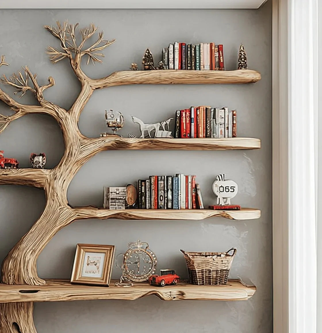 Tree-shaped solid wood bookshelf with live edge shelves holding books and decor items