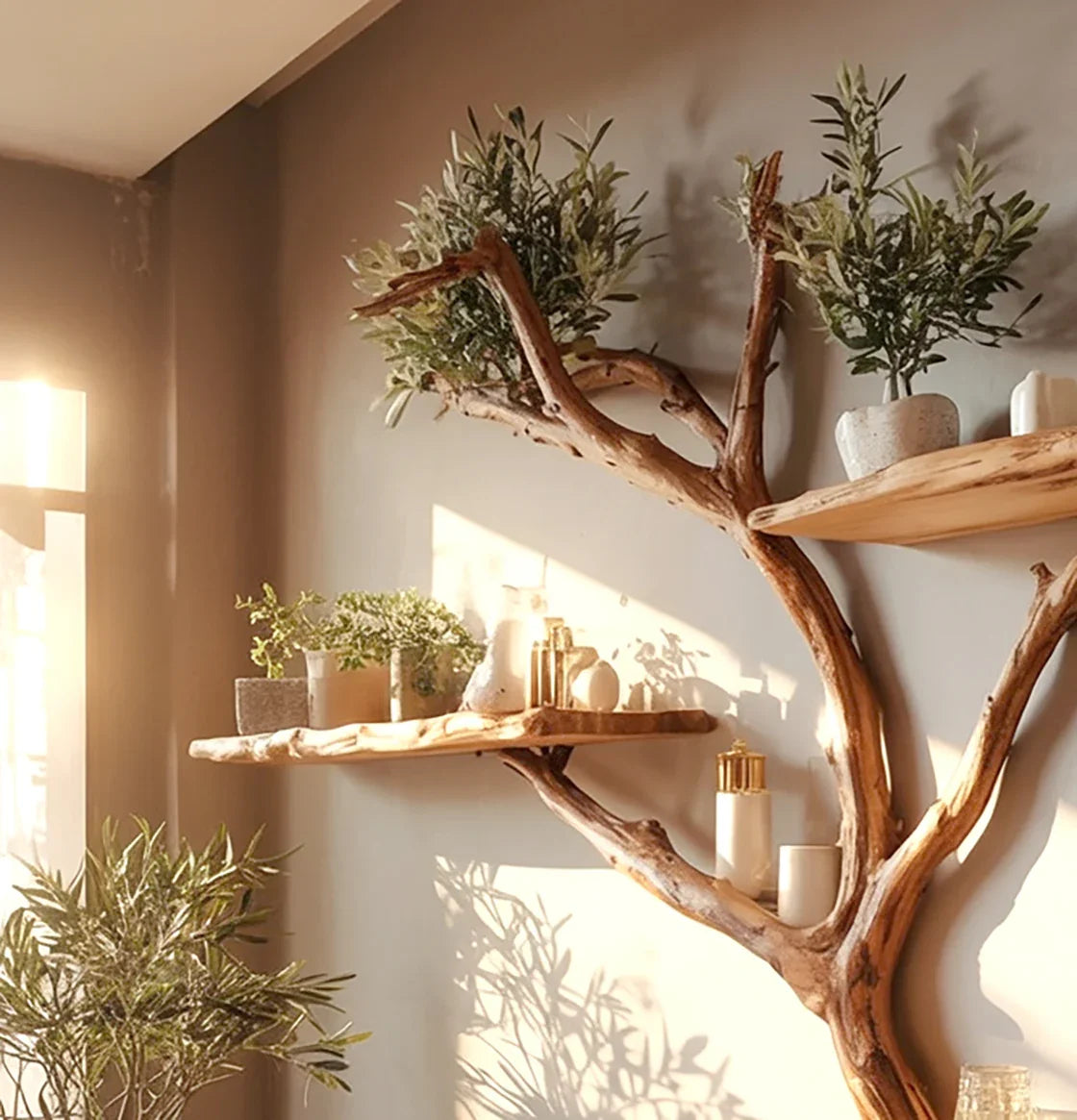 Natural wood branch wall shelves decorated with potted plants and small decor items in warm sunlight