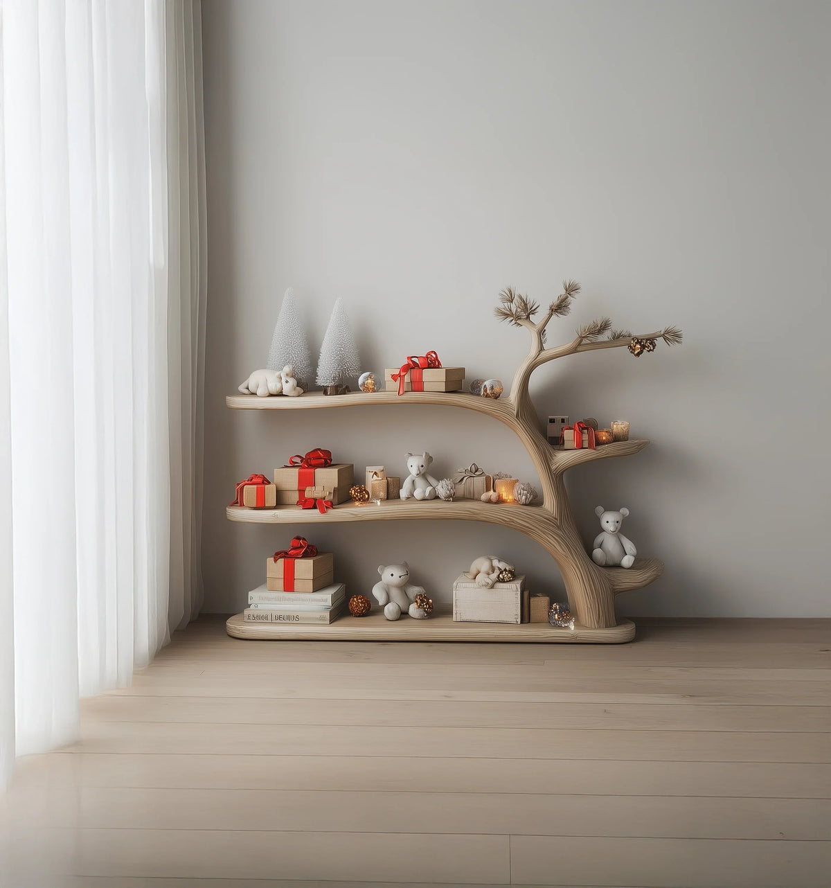 wooden tree-shaped shelf with teddy bears, wrapped gifts with red ribbons, decorative candles, and white Christmas trees