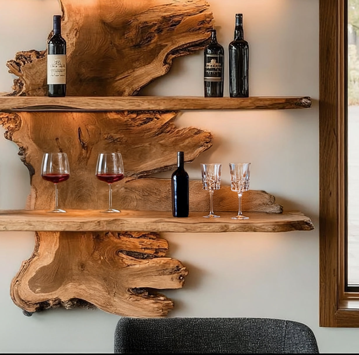 Rustic live edge wood shelves with wine bottles, wine glasses, and a modern chair near window