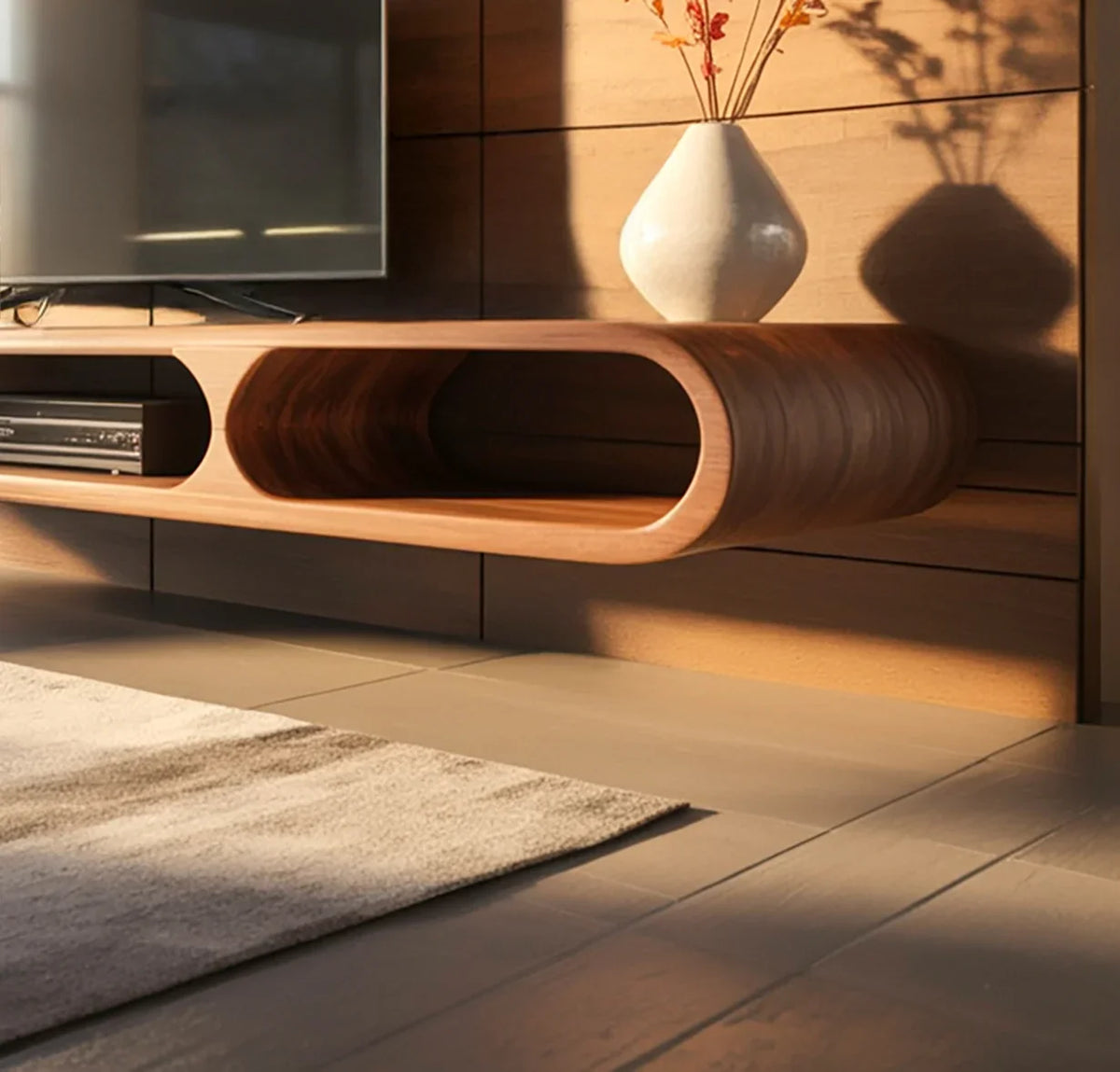 Modern wooden floating TV console with rounded edges and white vase on wood paneled wall