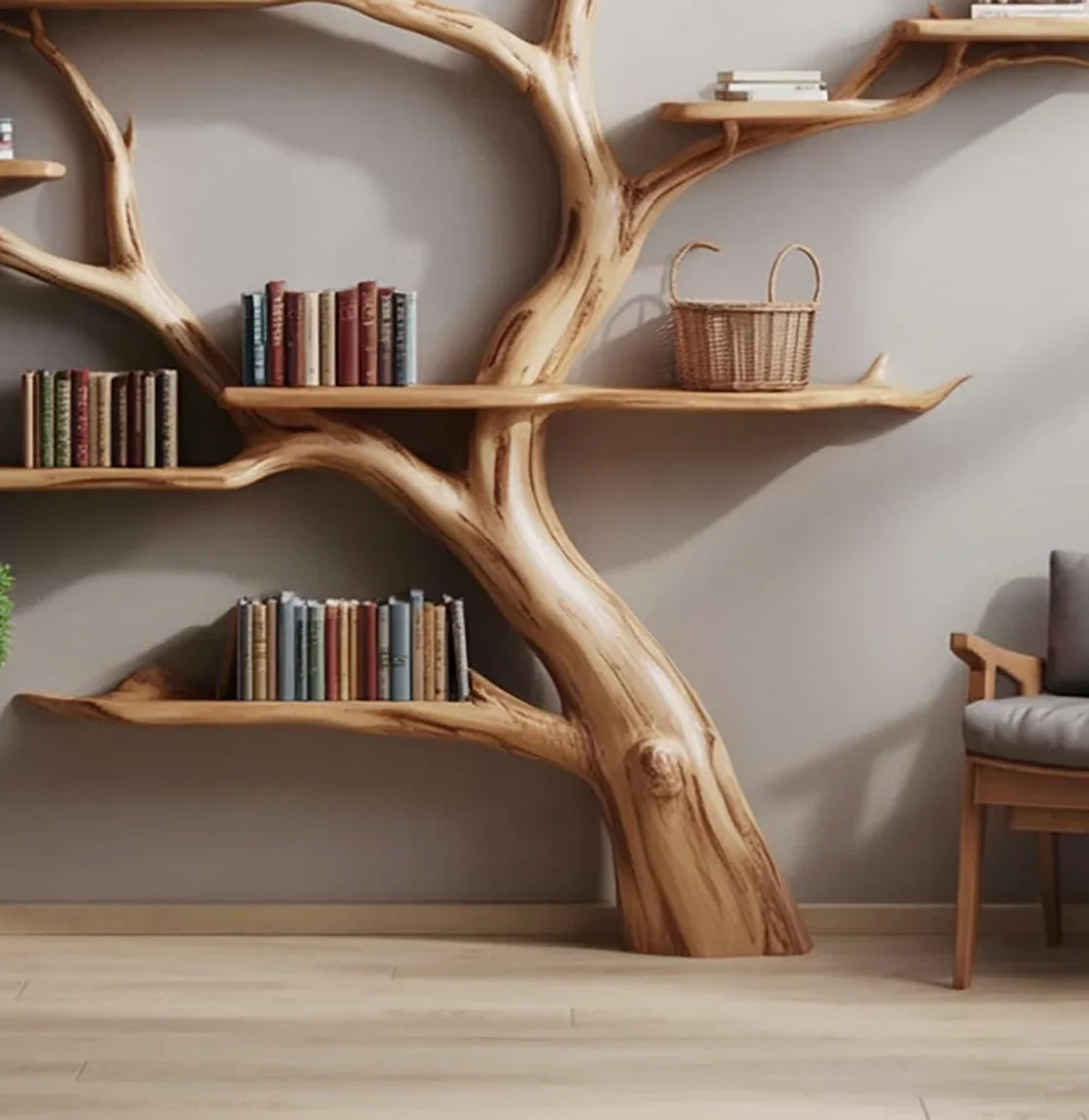 Tree branch wooden bookshelf with books and wicker basket in modern living room