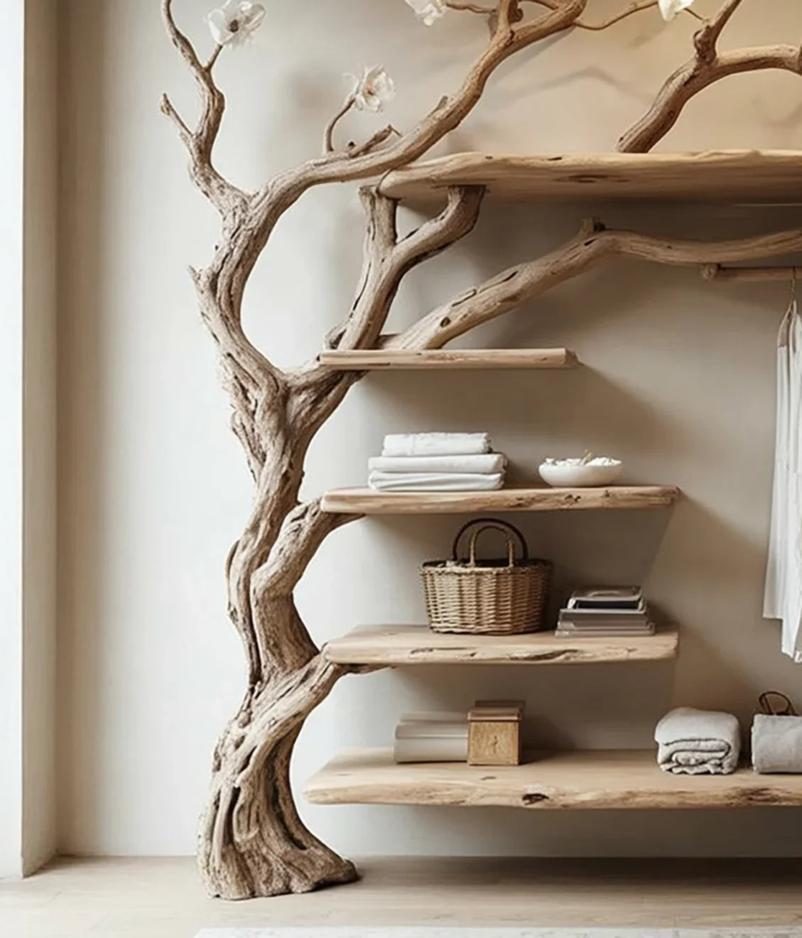 Solid wood tree bookshelf with live edge shelves, rustic design, and natural branch details