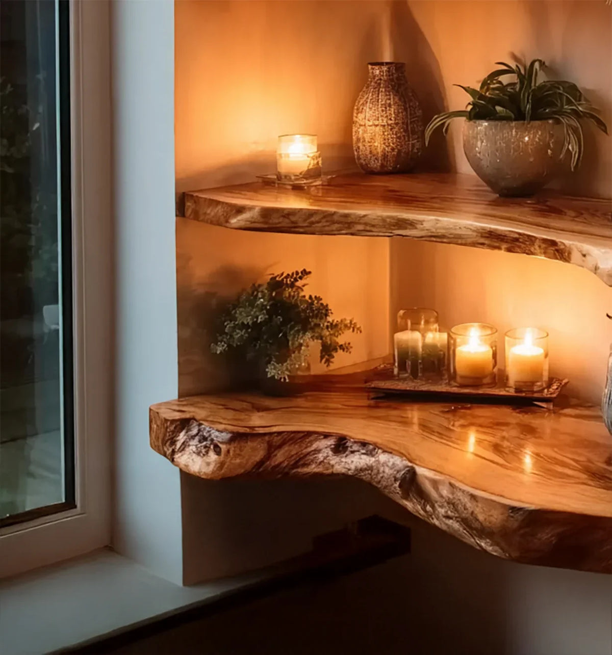 Natural live edge wooden corner shelves with candles, potted plants, and warm ambient lighting